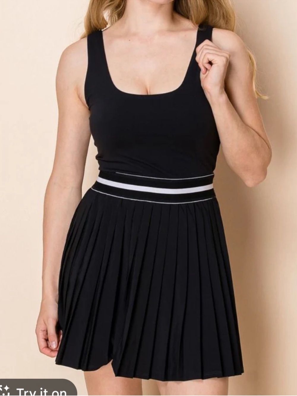 Black Pleated Tank Dress with Contrast Waistband